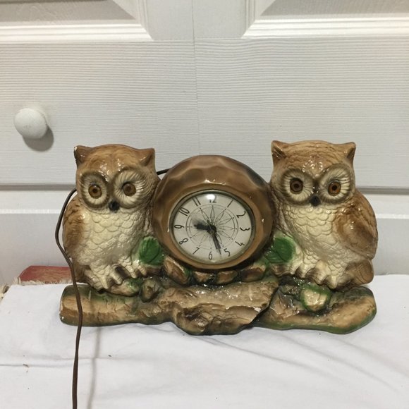 MCM Other - Vintage Chalkware Owl Clock Hanging or Free Standing 13" MCM